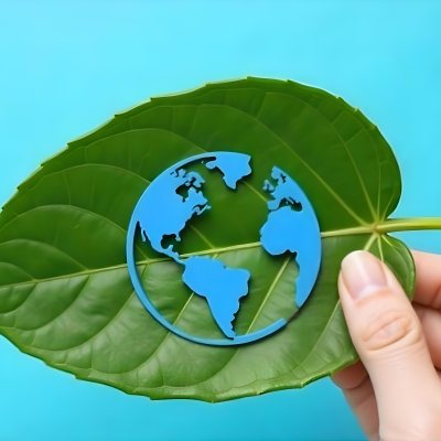 A Green Leaf With A Blue Earth Symbol Held By A Hand Light Blue Background 28 E93d