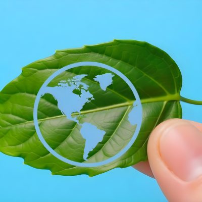 A Green Leaf With A Blue Earth Symbol Held By A Hand Light Blue Background 3 0c21