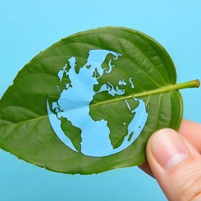 A Green Leaf With A Blue Earth Symbol Held By A Hand Light Blue Background 33 7c9c