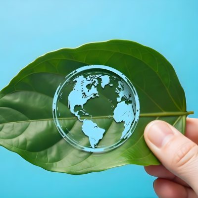 A Green Leaf With A Blue Earth Symbol Held By A Hand Light Blue Background 34 C7f5