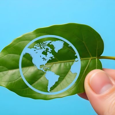 A Green Leaf With A Blue Earth Symbol Held By A Hand Light Blue Background 36 196c