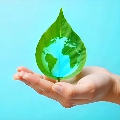 A Green Leaf With A Blue Earth Symbol Held By A Hand Light Blue Background 4 4d80