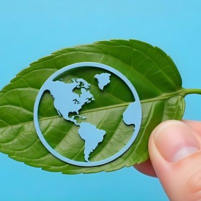 A Green Leaf With A Blue Earth Symbol Held By A Hand Light Blue Background 41 0fd0