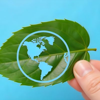 A Green Leaf With A Blue Earth Symbol Held By A Hand Light Blue Background 5 B713