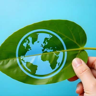 A Green Leaf With A Blue Earth Symbol Held By A Hand Light Blue Background 6 309e