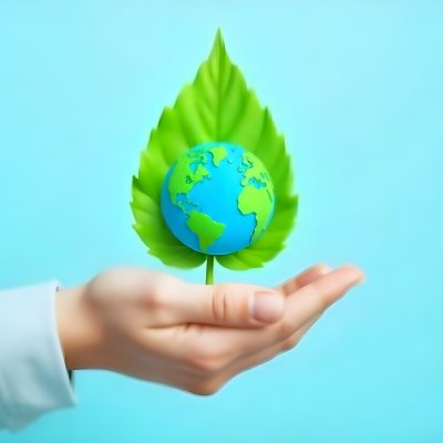 A Green Leaf With A Blue Earth Symbol Held By A Hand Light Blue Background 8 De7f
