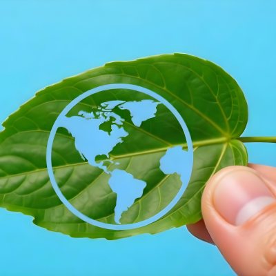 A Green Leaf With A Blue Earth Symbol Held By A Hand Light Blue Background 9 5ba0