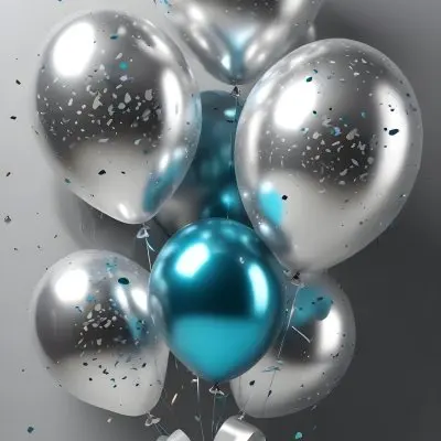A Group Of Silver And Teal Balloons With Confetti Inside Floating Against A Gray Background 12 Ed65