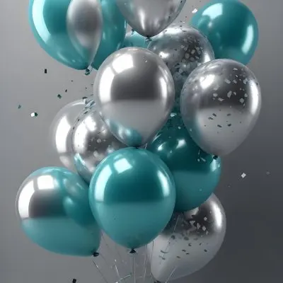 A Group Of Silver And Teal Balloons With Confetti Inside Floating Against A Gray Background 45 324b