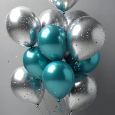 A Group Of Silver And Teal Balloons With Confetti Inside Floating Against A Gray Background 47 F55b