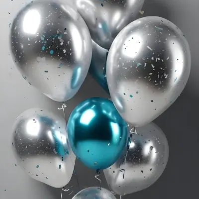 A Group Of Silver And Teal Balloons With Confetti Inside Floating Against A Gray Background 5 Cdd3