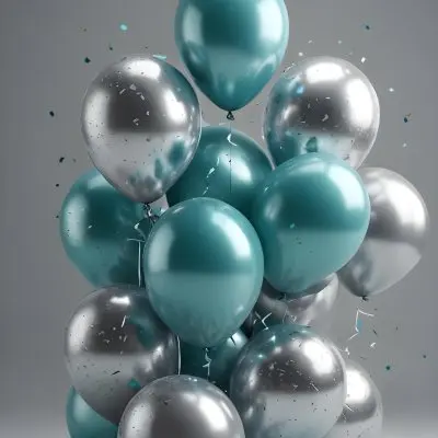 A Group Of Silver And Teal Balloons With Confetti Inside Floating Against A Gray Background 57 B914