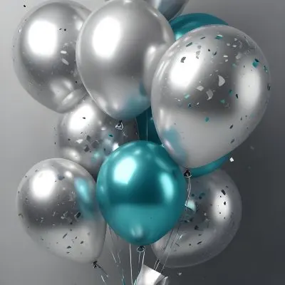 A Group Of Silver And Teal Balloons With Confetti Inside Floating Against A Gray Background 65 2525