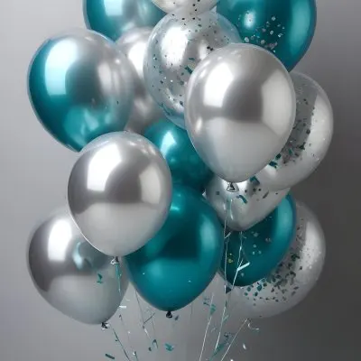 A Group Of Silver And Teal Balloons With Confetti Inside Floating Against A Gray Background 78 821f