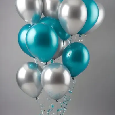 A Group Of Silver And Teal Balloons With Confetti Inside Floating Against A Gray Background 82 7c49