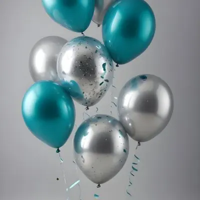 A Group Of Silver And Teal Balloons With Confetti Inside Floating Against A Gray Background 86 Ce4a
