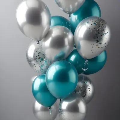 A Group Of Silver And Teal Balloons With Confetti Inside Floating Against A Gray Background 87 193f