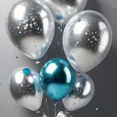 A Group Of Silver And Teal Balloons With Confetti Inside Floating Against A Gray Background 9 2158