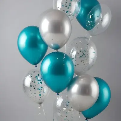 A Group Of Silver And Teal Balloons With Confetti Inside Floating Against A Gray Background 91 65e7