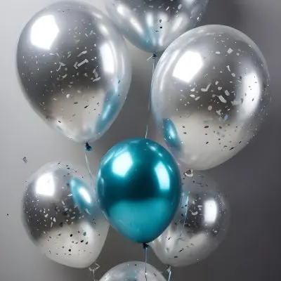 A Group Of Silver And Teal Balloons With Confetti Inside Floating Against A Gray Background 93 3ceb