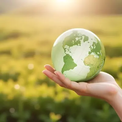 A Hand Holding A Green Earth Globe The Globe Shows The American Continent In The Background A Blurred Green And Yellow Field 12 7234