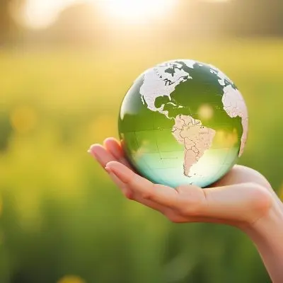 A Hand Holding A Green Earth Globe The Globe Shows The American Continent In The Background A Blurred Green And Yellow Field 13 5c1b