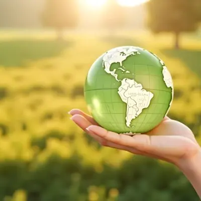 A Hand Holding A Green Earth Globe The Globe Shows The American Continent In The Background A Blurred Green And Yellow Field 14 B24a