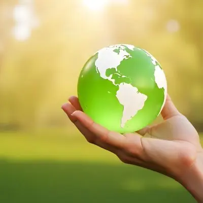A Hand Holding A Green Earth Globe The Globe Shows The American Continent In The Background A Blurred Green And Yellow Field 15 83b5
