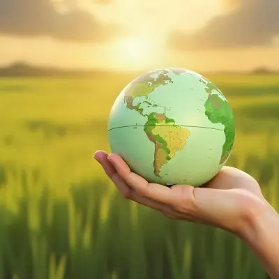 A Hand Holding A Green Earth Globe The Globe Shows The American Continent In The Background A Blurred Green And Yellow Field 4 A33a