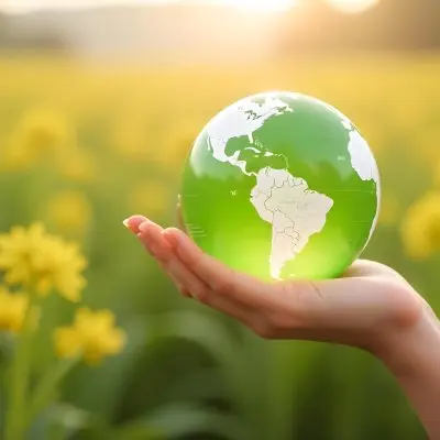 A Hand Holding A Green Earth Globe The Globe Shows The American Continent In The Background A Blurred Green And Yellow Field 5 48f1