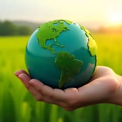 A Hand Holding A Green Earth Globe The Globe Shows The American Continent In The Background A Blurred Green And Yellow Field 6 4463
