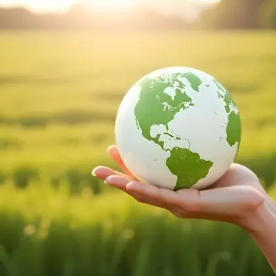 A Hand Holding A Green Earth Globe The Globe Shows The American Continent In The Background A Blurred Green And Yellow Field 9 E8c0