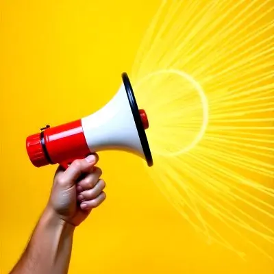A Hand Holding A Red And White Megaphone With Yellow Rays Coming Out Of It White Background 13 27a6