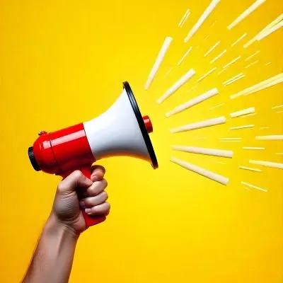 A Hand Holding A Red And White Megaphone With Yellow Rays Coming Out Of It White Background 14 Dbd9