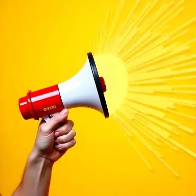 A Hand Holding A Red And White Megaphone With Yellow Rays Coming Out Of It White Background 19 911b