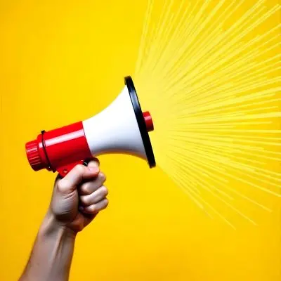 A Hand Holding A Red And White Megaphone With Yellow Rays Coming Out Of It White Background 3 6d63