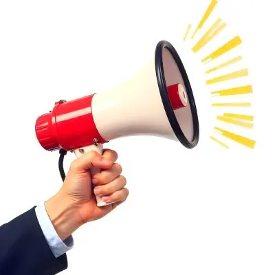 A Hand Holding A Red And White Megaphone With Yellow Rays Coming Out Of It White Background 4 2de7