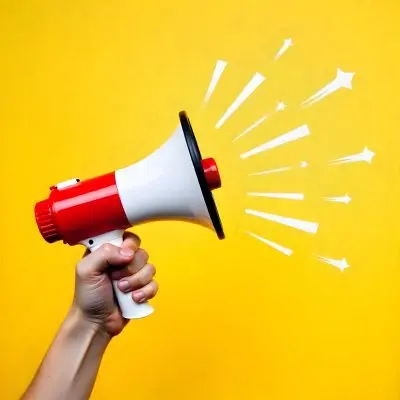 A Hand Holding A Red And White Megaphone With Yellow Rays Coming Out Of It White Background 5 84f4