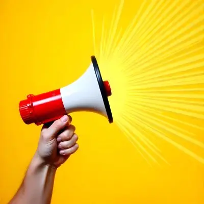 A Hand Holding A Red And White Megaphone With Yellow Rays Coming Out Of It White Background 6 F0f5