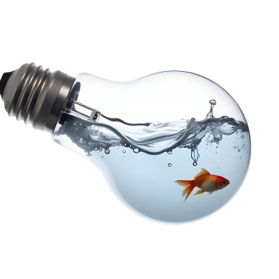 A Light Bulb Filled With Water And A Goldfish Swimming Inside The Background Is Plain White The Light Bulb Is Lying On Its Side 12 E7e4