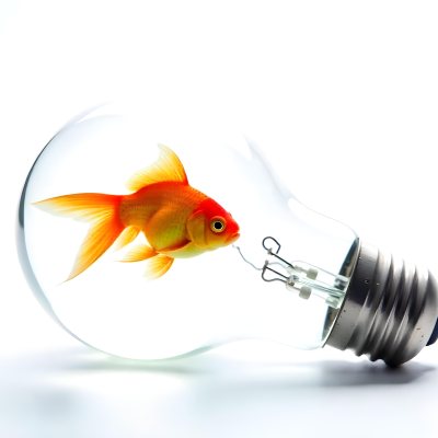 A Light Bulb Filled With Water And A Goldfish Swimming Inside The Background Is Plain White The Light Bulb Is Lying On Its Side 4 36eb
