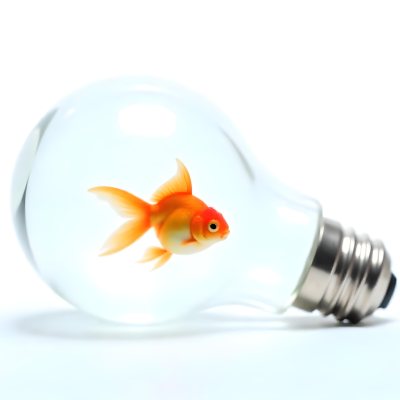 A Light Bulb Filled With Water And A Goldfish Swimming Inside The Background Is Plain White The Light Bulb Is Lying On Its Side 6 Fcba