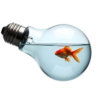 A Light Bulb Filled With Water And A Goldfish Swimming Inside The Background Is Plain White The Light Bulb Is Lying On Its Side 7 Aa4f