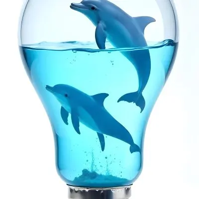 A Light Bulb Filled With Water And Dolphins Swimming Inside The Background Is Plain White The Light Bulb Base Is Silver 10 735f