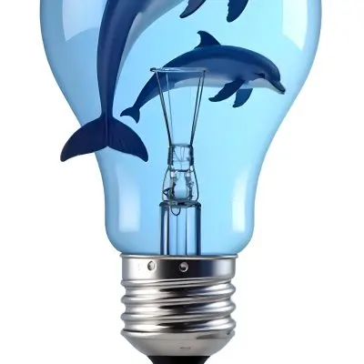 A Light Bulb Filled With Water And Dolphins Swimming Inside The Background Is Plain White The Light Bulb Base Is Silver 13 F147