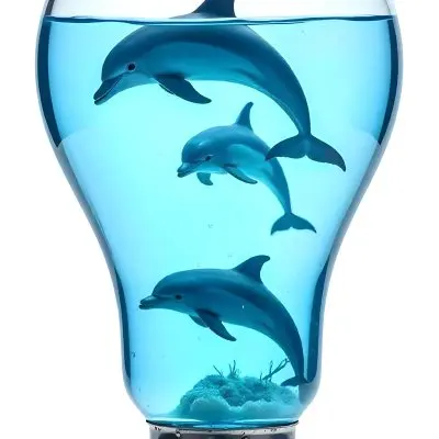 A Light Bulb Filled With Water And Dolphins Swimming Inside The Background Is Plain White The Light Bulb Base Is Silver 15 Ff9c