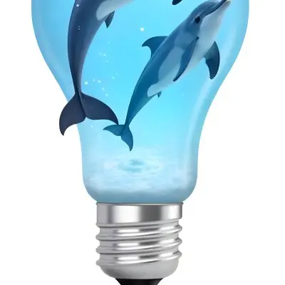 A Light Bulb Filled With Water And Dolphins Swimming Inside The Background Is Plain White The Light Bulb Base Is Silver 16 D291