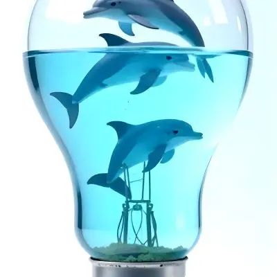 A Light Bulb Filled With Water And Dolphins Swimming Inside The Background Is Plain White The Light Bulb Base Is Silver 17 E5f4
