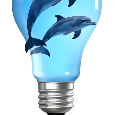 A Light Bulb Filled With Water And Dolphins Swimming Inside The Background Is Plain White The Light Bulb Base Is Silver 18 18ab