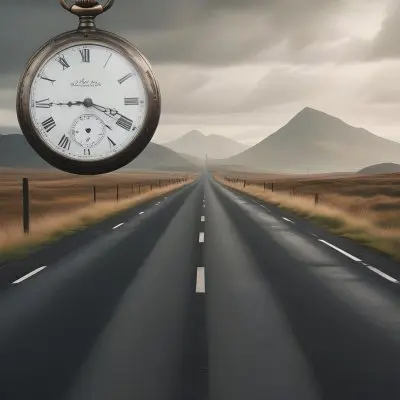 A Long Straight Road Stretching Into The Distance With A Pocket Watch Hanging In The Foreground The Road Is Surrounded By A Grassy Landscape With A Hazy Mountainous Background 1 929d